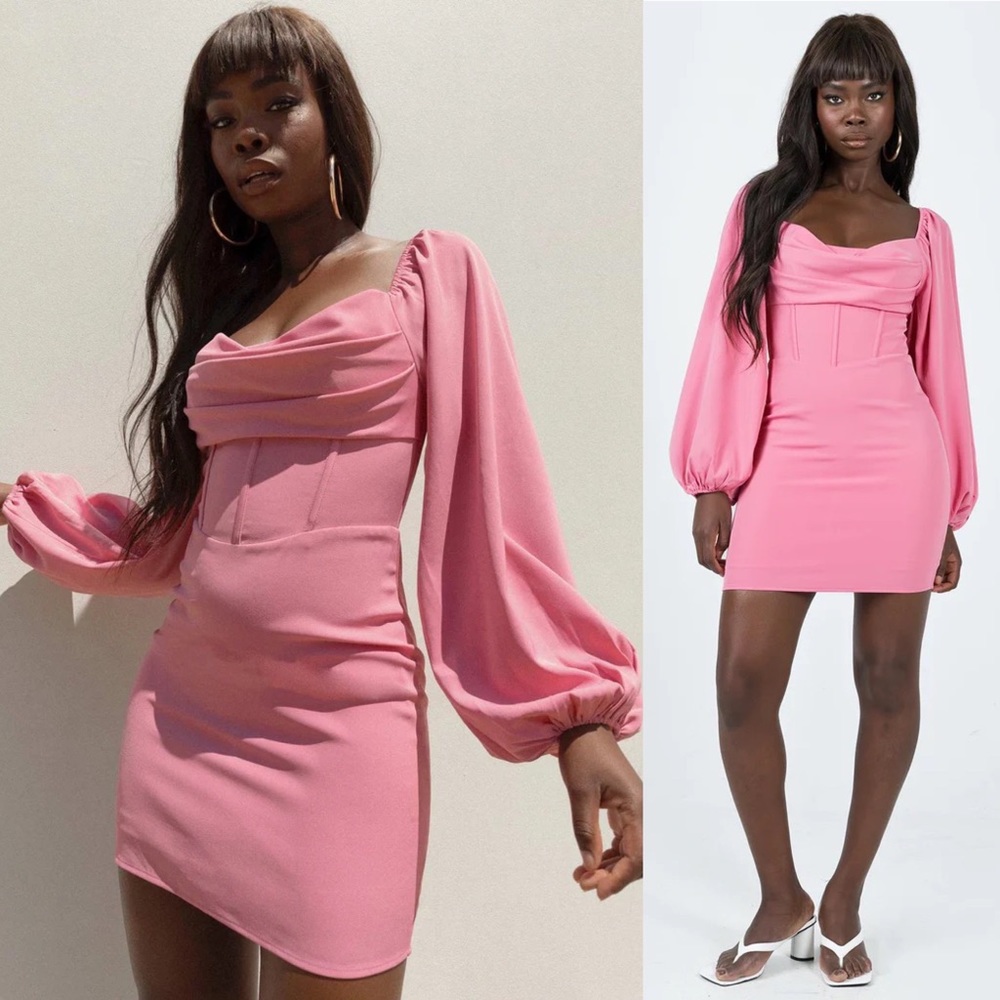 Princess Polly Lillie Mauve Pink Long Sleeve Corset Waist Cowl Neck Mini Dress - Picture 3 of 11